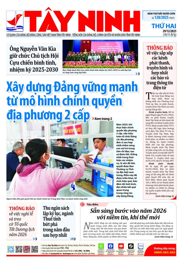 B&aacute;o T&acirc;y Ninh - Thứ hai, ng&agrave;y 29/12/2025