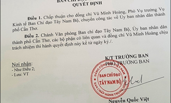 Kiểm tra đảng viên có dấu hiệu vi phạm đối với 2 cán bộ BCĐ Tây Nam bộ