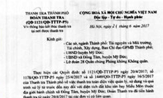 Hà Nội kết thúc việc thanh tra đất đai tại xã Đồng Tâm