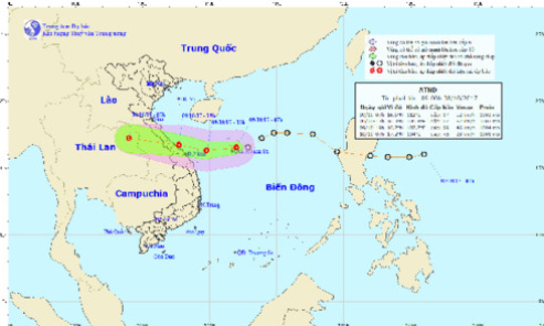 Áp thấp nhiệt đới cách bờ biển Quảng Bình-Đà Nẵng khoảng 450km