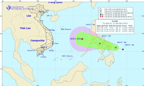 Áp thấp nhiệt đới mạnh lên, di chuyển về phía Biển Đông