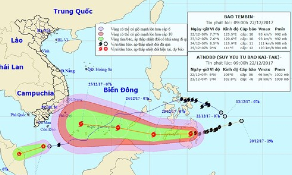 Bão Tembin giật cấp 14 di chuyển nhanh vào Biển Đông