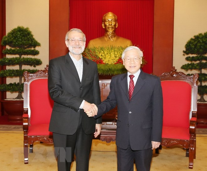 Tổng Bí thư Nguyễn Phú Trọng tiếp Chủ tịch Quốc hội Iran Ali Ardeshir Larijani thăm chính thức Việt Nam. (Ảnh: Trí Dũng/TTXVN)