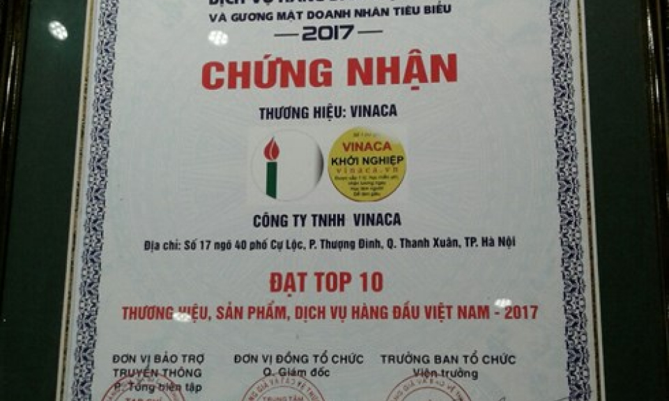 Vinaca từng nhận giải thưởng top 10 thương hiệu hàng đầu Việt Nam