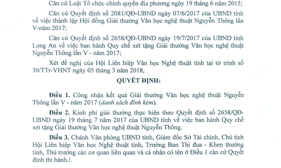 21 tác giả đạt giải thưởng Văn học nghệ thuật Nguyễn Thông lần V &#8211; năm 2017