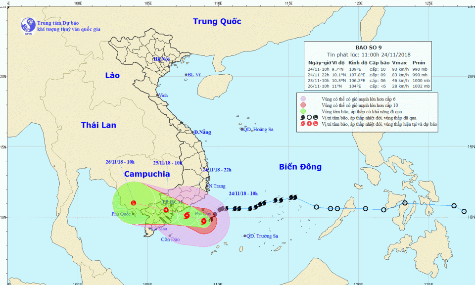 Dự báo đến 22 giờ ngày 24/11, tâm bão số 9 tại vùng biển từ Bình Thuận đến Bến Tre