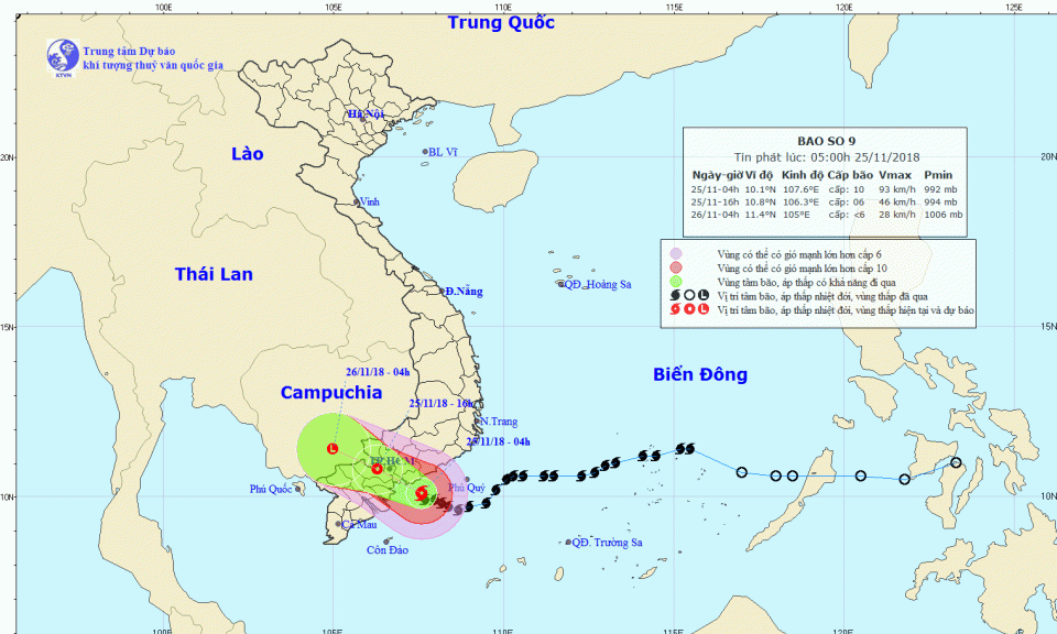 Khoảng 16 giờ ngày 25/11, bão số 9 sẽ đi vào đất liền từ Nam Bình Thuận đến Bến Tre, suy yếu thành áp thấp nhiệt đới