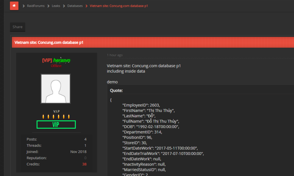 Dữ liệu hacker công bố trên raidforums là khá chính xác