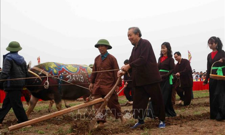 Phó Thủ tướng Trương Hòa Bình xuống đồng cày ruộng trong lễ Tịch điền