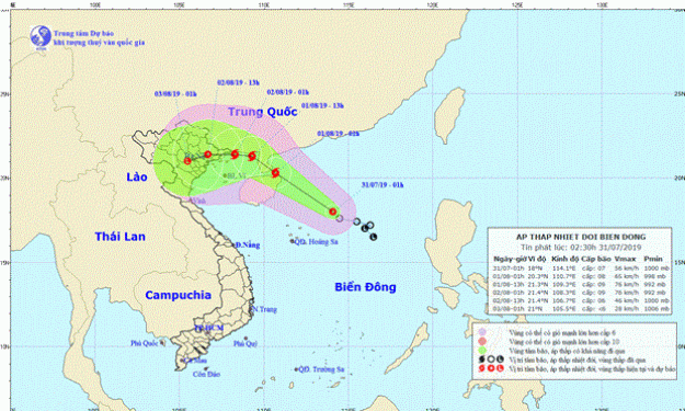 Đến sáng 01/8, áp thấp nhiệt đới có thể mạnh lên thành bão