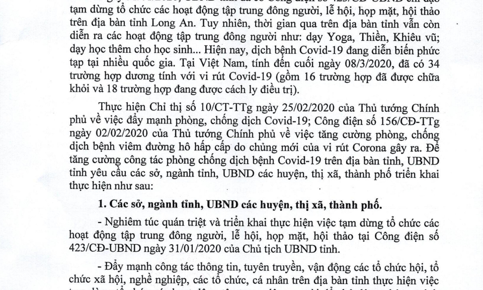 UBND tỉnh tiếp tục yêu cầu tạm dừng các hoạt động tập trung đông người