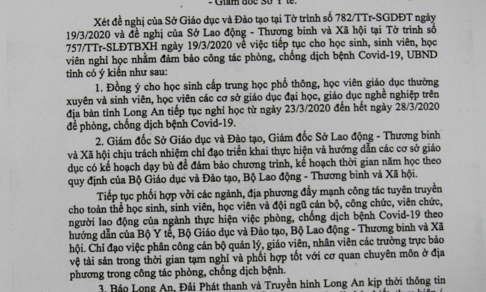 Long An tiếp tục cho học sinh nghỉ học trước diễn biến phức tạp của dịch bệnh CoVid 19