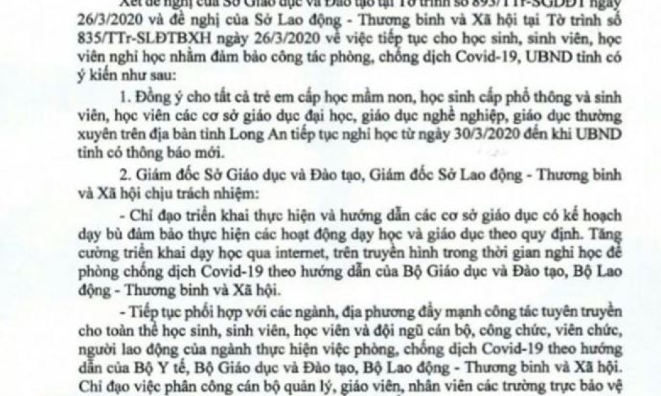 Học sinh Long An tiếp tục nghỉ học để phòng, chống dịch CoVid 19
