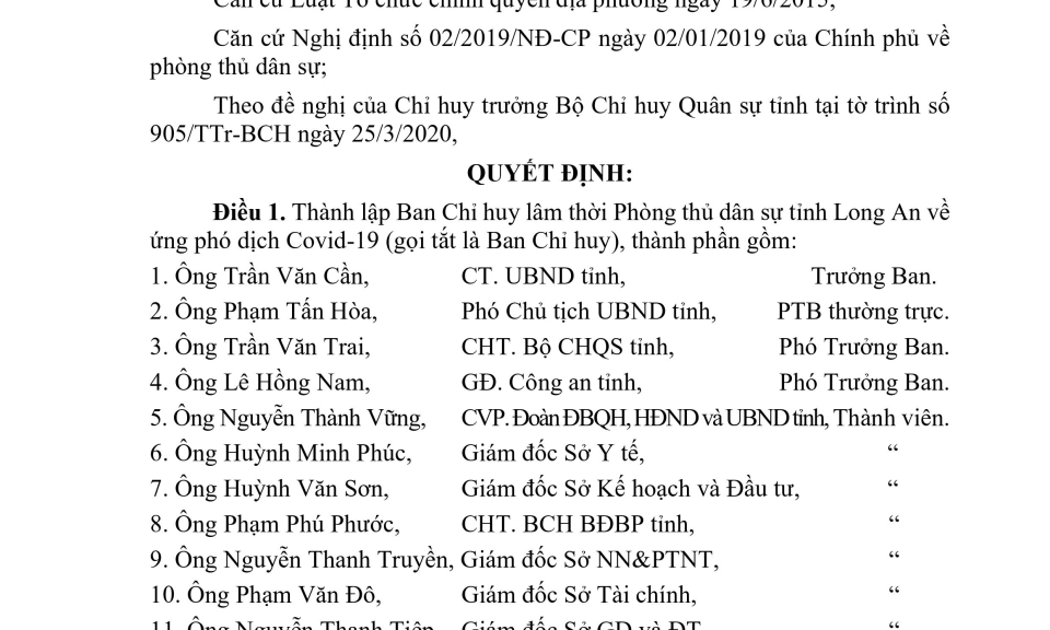 Thành lập Ban chỉ huy lâm thời Phòng thủ dân sự tỉnh Long An về ứng phó dịch Covid-19