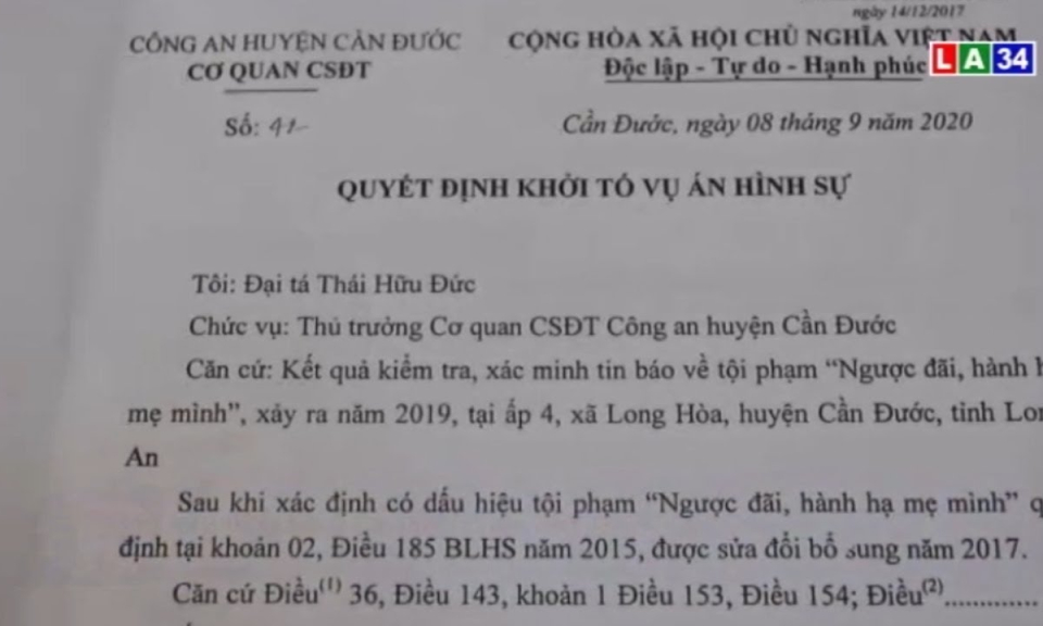 Cần Đước: Khởi tố vụ án ngược đãi mẹ già