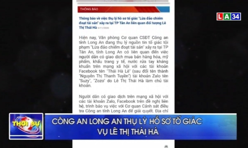 Công an Long An thụ lý hồ sơ tố giác vụ Lê Thị Thái Hà