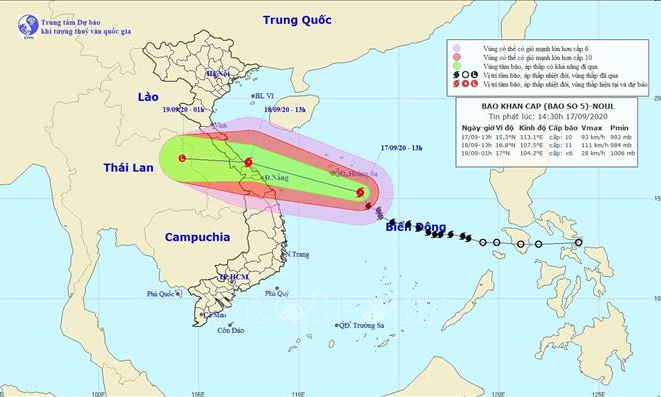 Bão số 5 sẽ đi vào đất liền khu vực Trung Bộ với sức gió mạnh cấp 9, giật cấp 11