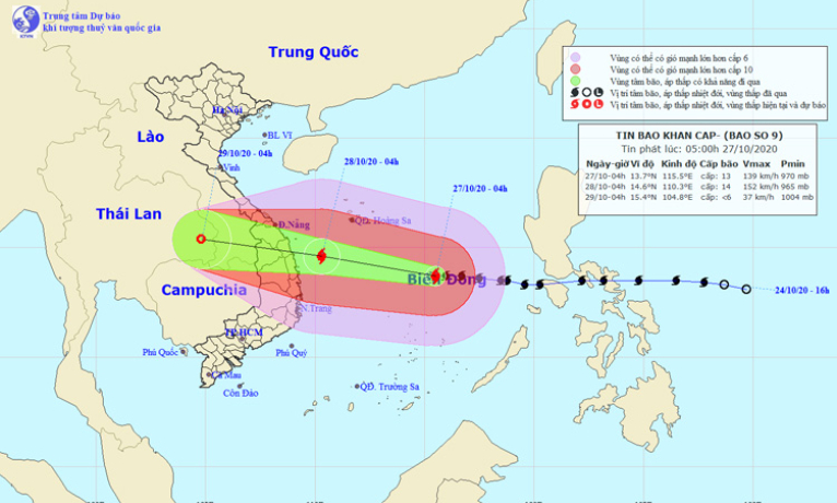 Bão số 9 cường độ rất mạnh, mưa rất to từ Thừa Thiên &#8211; Huế đến Phú Yên
