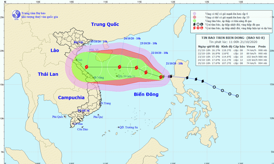 Bão số 8: Hồi 10 giờ ngày 21/10, sức gió mạnh nhất vùng gần tâm bão mạnh cấp 8, giật cấp 10