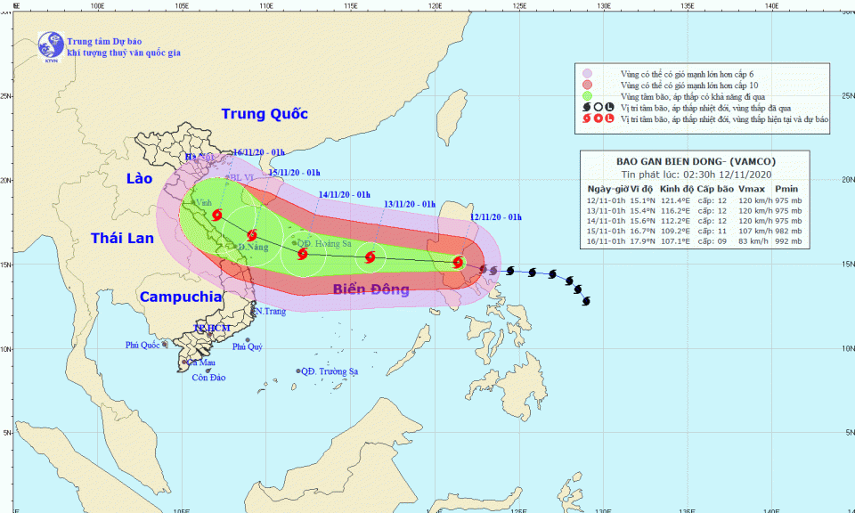 Bão Vamco đi vào Biển Đông, Quảng Trị đến Bình Định có mưa vừa đến mưa to