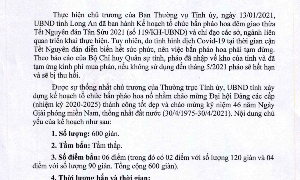 Để tránh lãng phí, Long An xin bắn pháo hoa đã mua từ Tết vào dịp 30-4