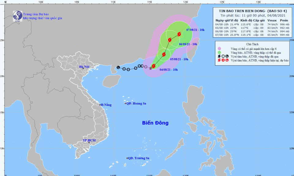 Bão số 4 di chuyển theo hướng Đông Bắc và có khả năng mạnh thêm