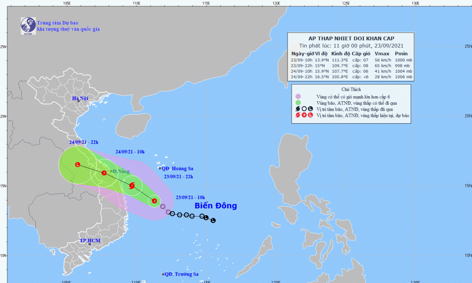 Đêm 23/9, áp thấp nhiệt đới đi vào vùng biển từ Đà Nẵng đến Bình Định