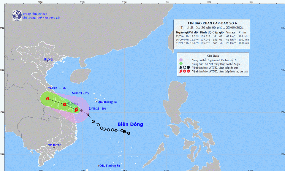 Bão số 6 ngay trên vùng biển từ Quảng Trị đến Quảng Ngãi, giật cấp 10