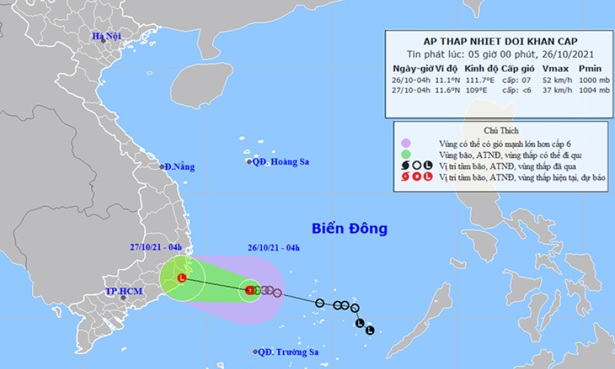 Thời tiết ngày 26/10: Áp thấp gây mưa to khu vực Trung Trung Bộ, Tây Nguyên và Nam Bộ