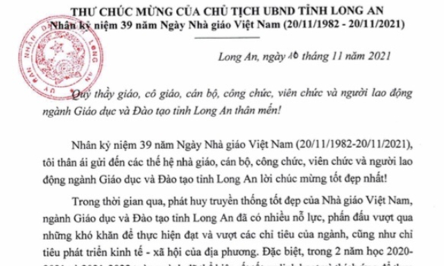 Chủ tịch UBND tỉnh gửi thư chúc mừng nhân Ngày Nhà giáo Việt Nam