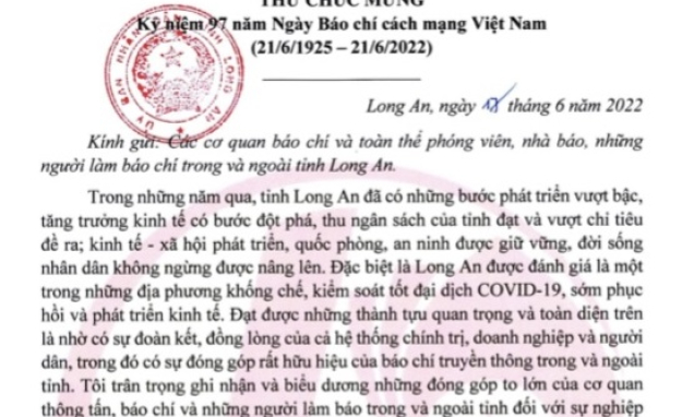 Thư chúc mừng của Chủ tịch UBND tỉnh nhân kỷ niệm 97 năm Ngày Báo chí Cách mạng Việt Nam 