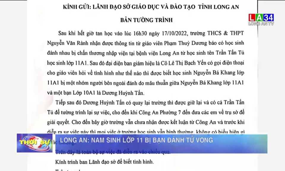 Nam sinh lớp 11 bị bạn đánh tử vong tại Long An