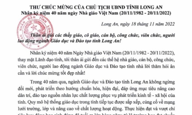 Thư chúc mừng của Chủ tịch UBND tỉnh Long An nhân Kỷ niệm 40 năm Ngày Nhà Giáo Việt Nam (20/11/1982 - 20/11/2022)