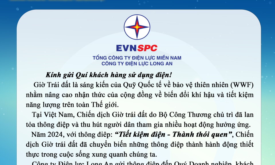 Long An tích cực hưởng ứng Giờ Trái đất