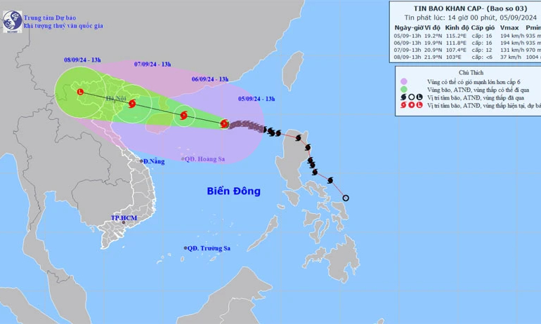 Từ đêm 6/9, bão sẽ ảnh hưởng đến đất liền Đông Bắc Bộ và Bắc Trung Bộ