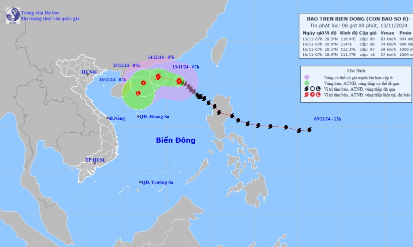 Bão số 8 di chuyển theo hướng Tây Tây Bắc và suy yếu, miền Trung sắp có mưa lớn