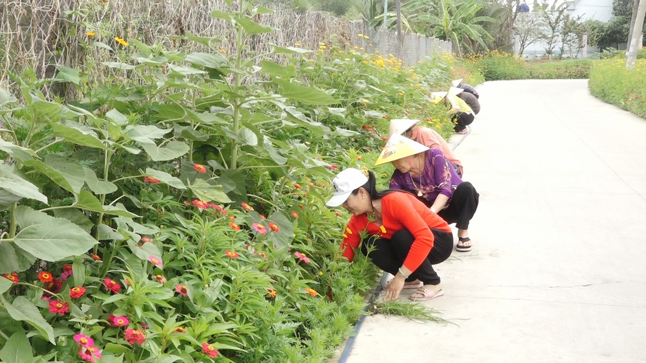Hội viên phụ nữ tham gia xây dựng tuyến đường hoa