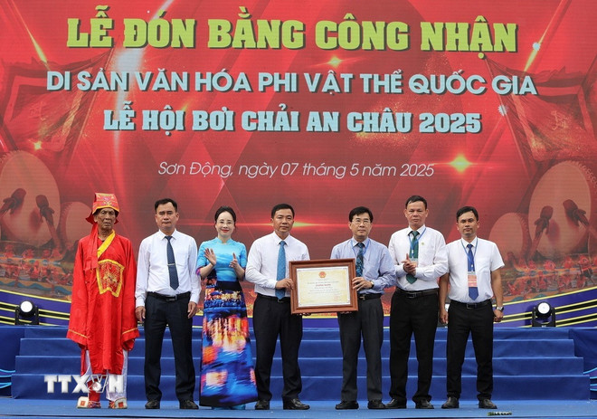 Nghi lễ đón nhận Bằng Di sản Văn hóa phi vật thể cấp Quốc gia với “Lễ hội Bơi Chải An Châu”. (Ảnh: Danh Lam/TTXVN)