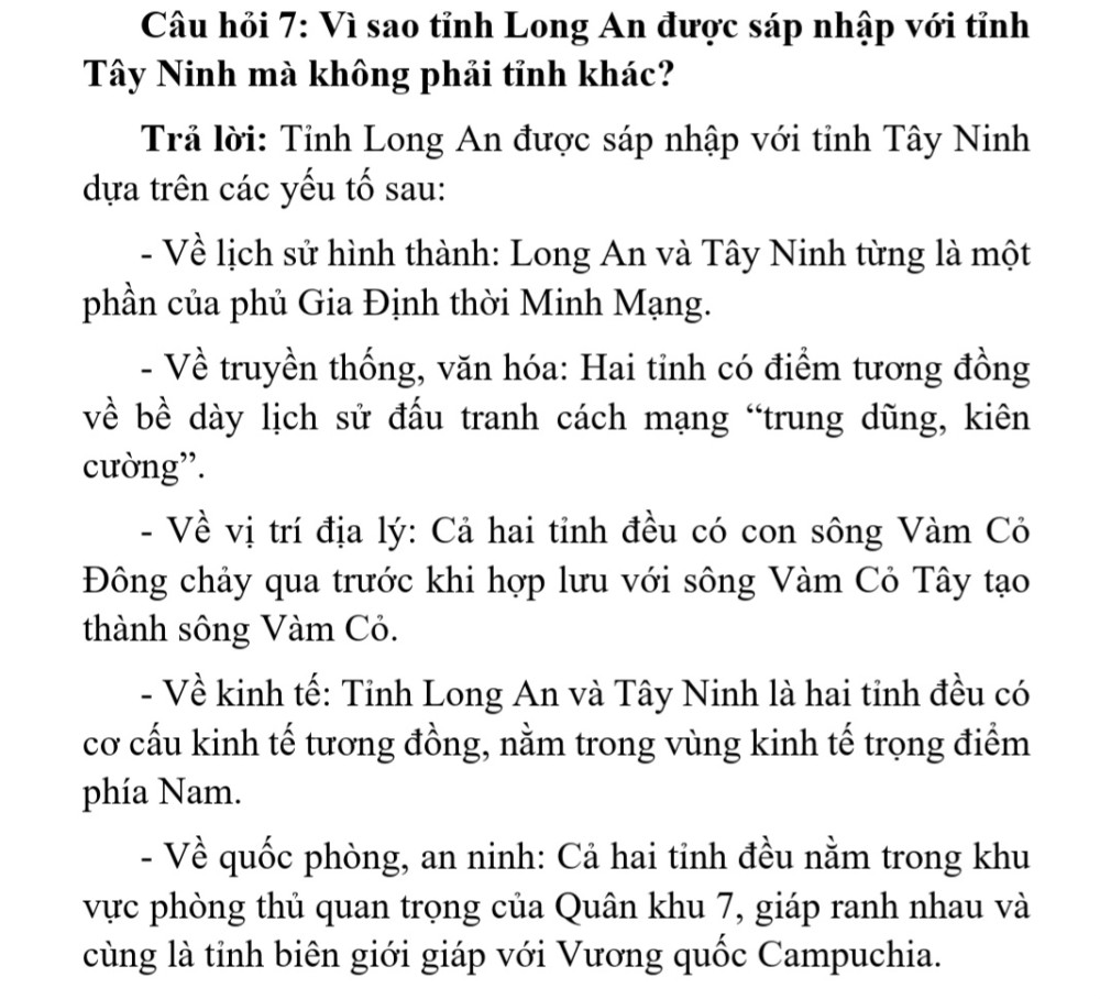 Nội dung hỏi đáp lý vì sao tỉnh Long An được sáp nhập với tỉnh Tây Ninh do Ban Tuyên giáo và Dân vận Tỉnh ủy Long An ban hành