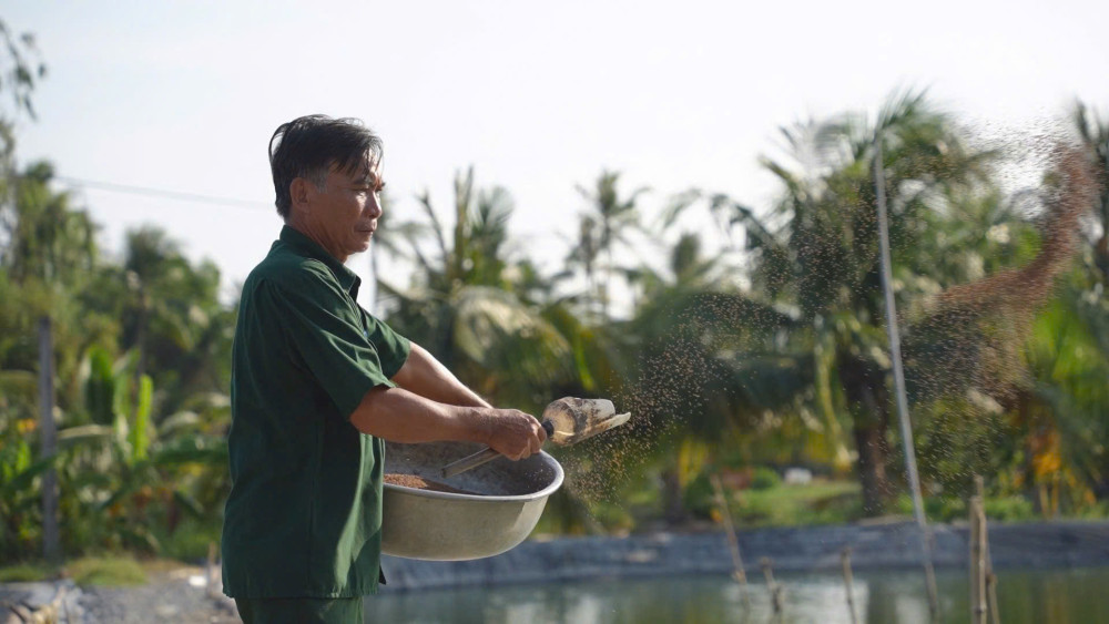 Cựu chiến binh Trần Văn Nguyện (ấp Bình Hòa, xã Đức Tân, huyện Tân Trụ) có thu nhập gần 300 triệu đồng/năm nhờ nuôi cá tra giống