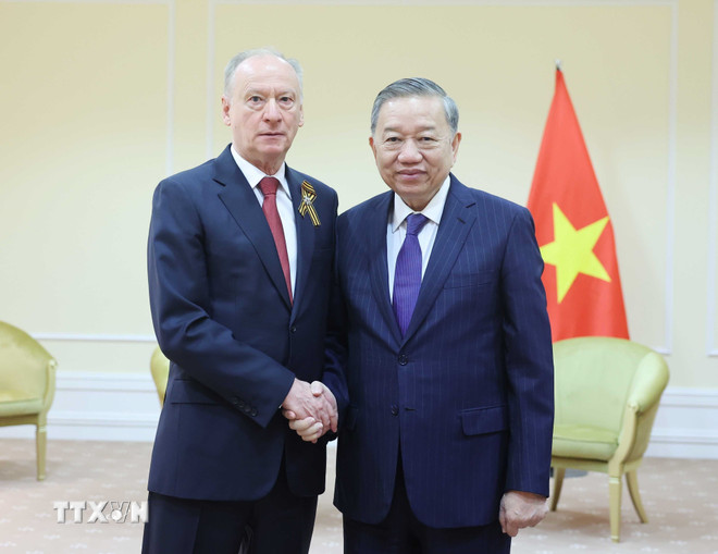 Sáng 11/5/2025, tại thủ đô Moskva, Tổng Bí thư Tô Lâm tiếp Chủ tịch Hội đồng Biển, nguyên Thư ký Hội đồng An ninh Liên bang Nga Nikolai Patrushev. (Ảnh: Thống Nhất/ TTXVN)