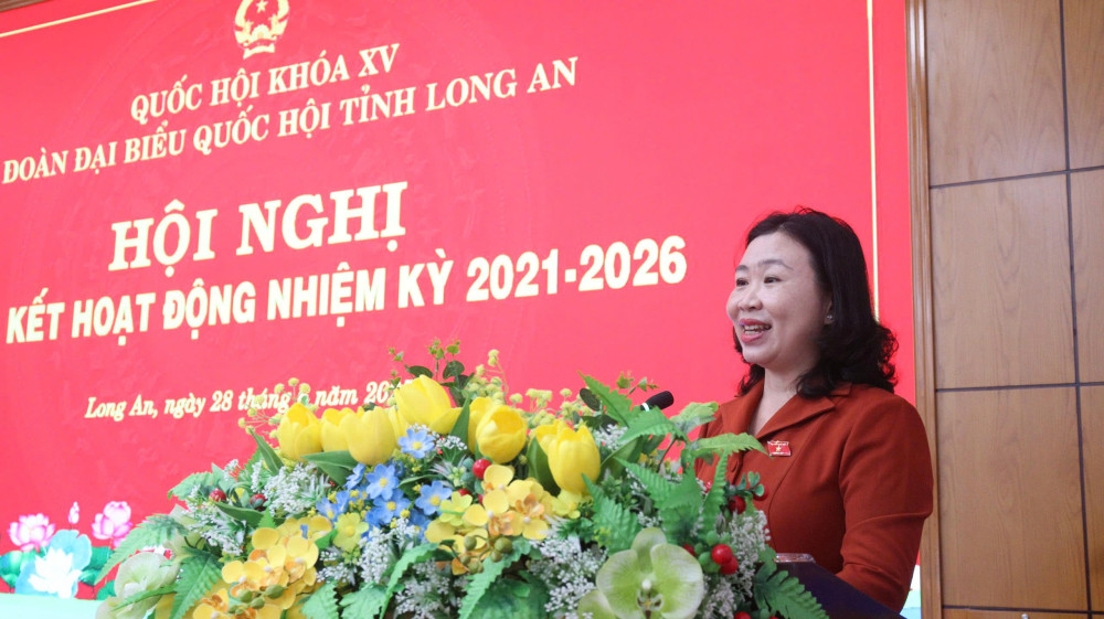 Phó Trưởng đoàn Chuyên trách Đoàn ĐBQH tỉnh - Lê Thị Song An phát biểu tại hội nghị