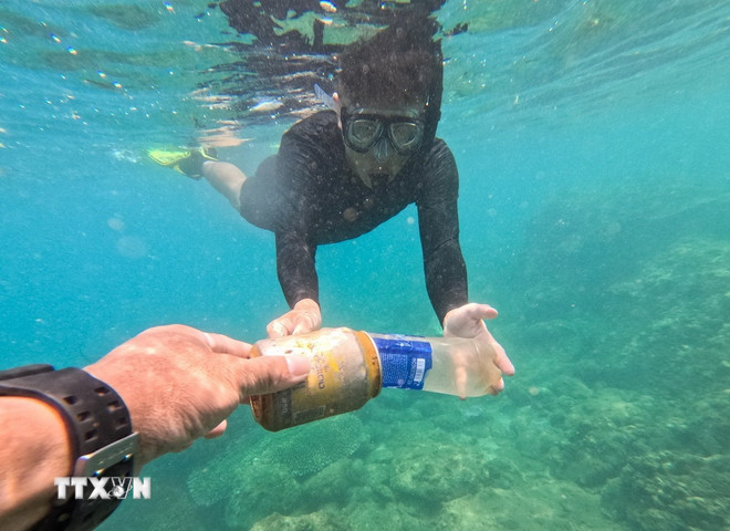 Tình nguyện viên lặn biển dọn rác tại khu vực san hô Hòn Sup trong “Clean Up Son Tra” - một chương trình bảo vệ môi trường tại bán đảo Sơn Trà (Đà Nẵng). (Ảnh: TTXVN phát)
