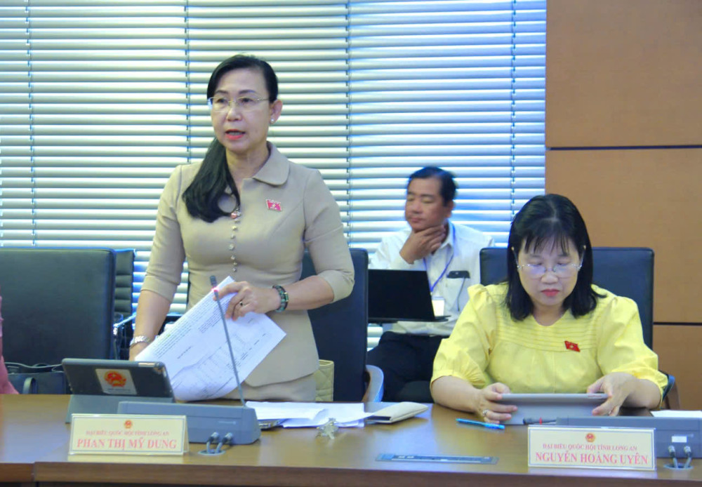 Đại biểu Phan Thị Mỹ Dung - Giám đốc Sở Tư pháp, phát biểu tại buổi thảo luận Tổ chiều ngày 16/6