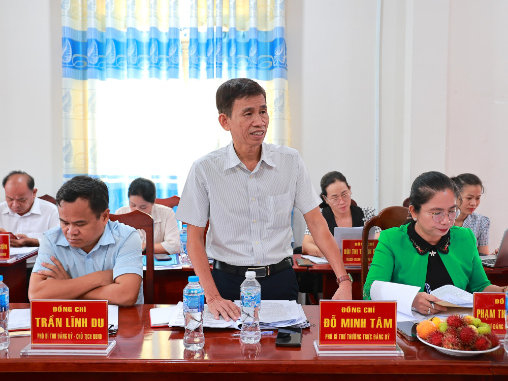 Phó Bí thư Thường trực Đảng ủy xã Phước Thạnh Đỗ Minh Tâm báo cáo tình hình hoạt động chính quyền 2 cấp sau sáp nhập