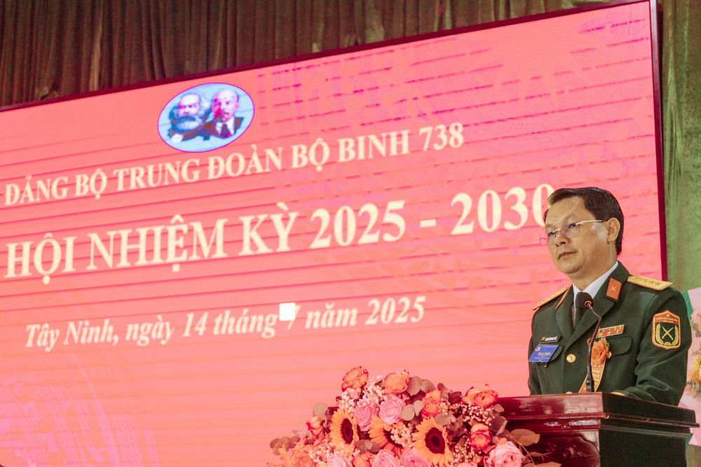 Đại tá Nguyễn Minh Tấn - Phó Chính ủy Bộ Chỉ huy Quân sự tỉnh, phát biểu chỉ đạo đại hội