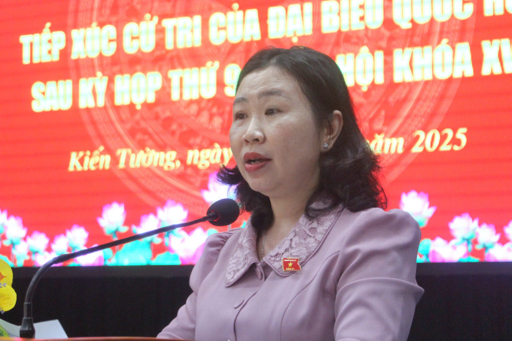 Phó Trưởng đoàn chuyên trách Đoàn ĐBQH tỉnh - Lê Thị Song An phát biểu tại buổi tiếp xúc cử tri