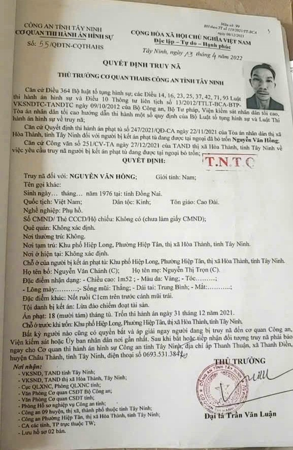 Quyết định truy nã đối tượng Nguyễn Văn Hồng 