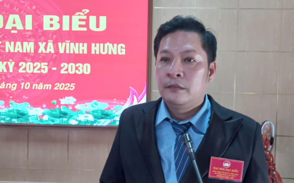 Chủ tịch UBMTTQ Việt Nam xã Vĩnh Hưng Nguyễn Việt Trung phát biểu tại Đại hội