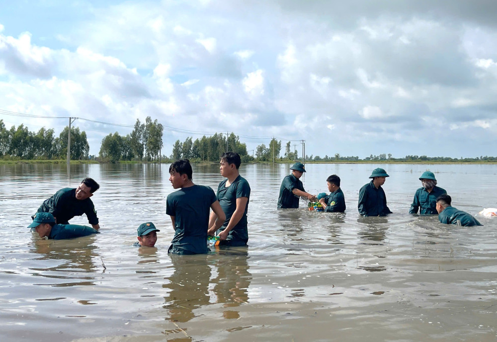 Dân quân xã Hưng Điền gia cố đê bao tại các điểm xung yếu